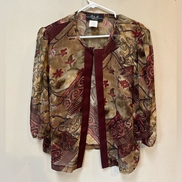 Vintage Jackets & Blazers - Vintage R & M Collection Women’s Maroon Floral Sheer Puff Shoulder Blazer 16